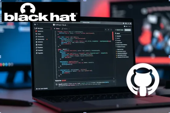 Laptop displaying code and GitHub interface with Anthropic Claude, Google Gemini, OpenAI Codex, and GitHub logos overlaid in a cybersecurity editorial photo style