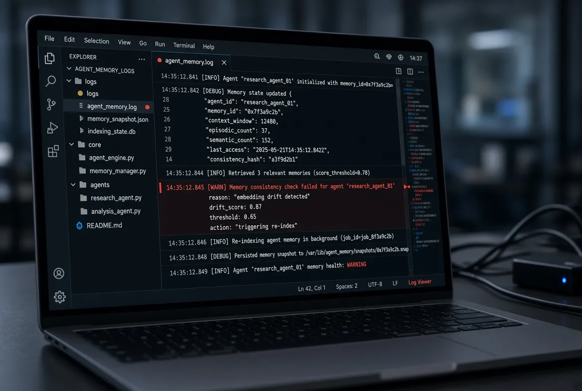 Laptop screen showing AI agent memory log with a red warning for embedding drift and consistency failure