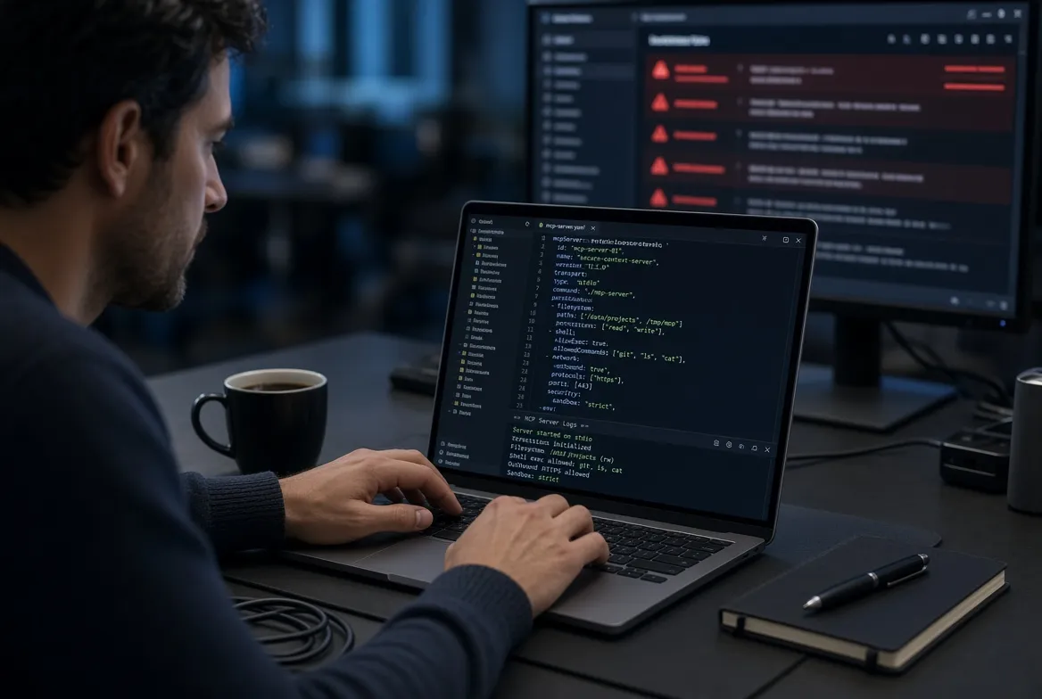 Security engineer reviewing Model Context Protocol server permissions on a dark workstation, with terminal output showing file, shell, and network access