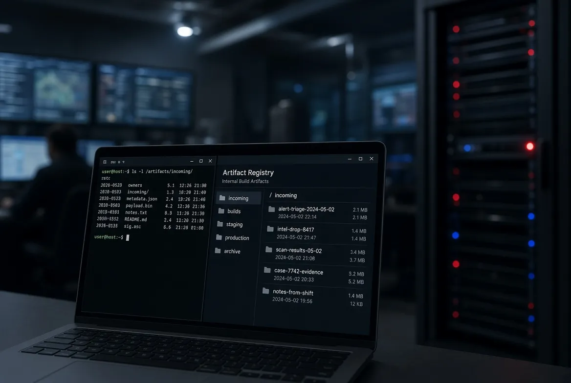 Security operations room at night with a laptop showing a package registry listing and a terminal, photographed in editorial news style